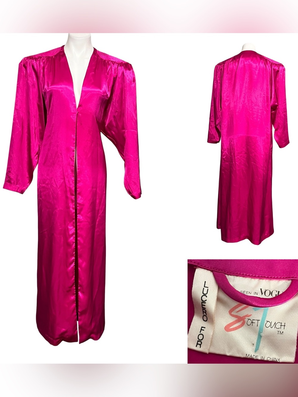 Soft Touch Robe Fuchsia pink Satin Long Sleeve Women vintage L/XL